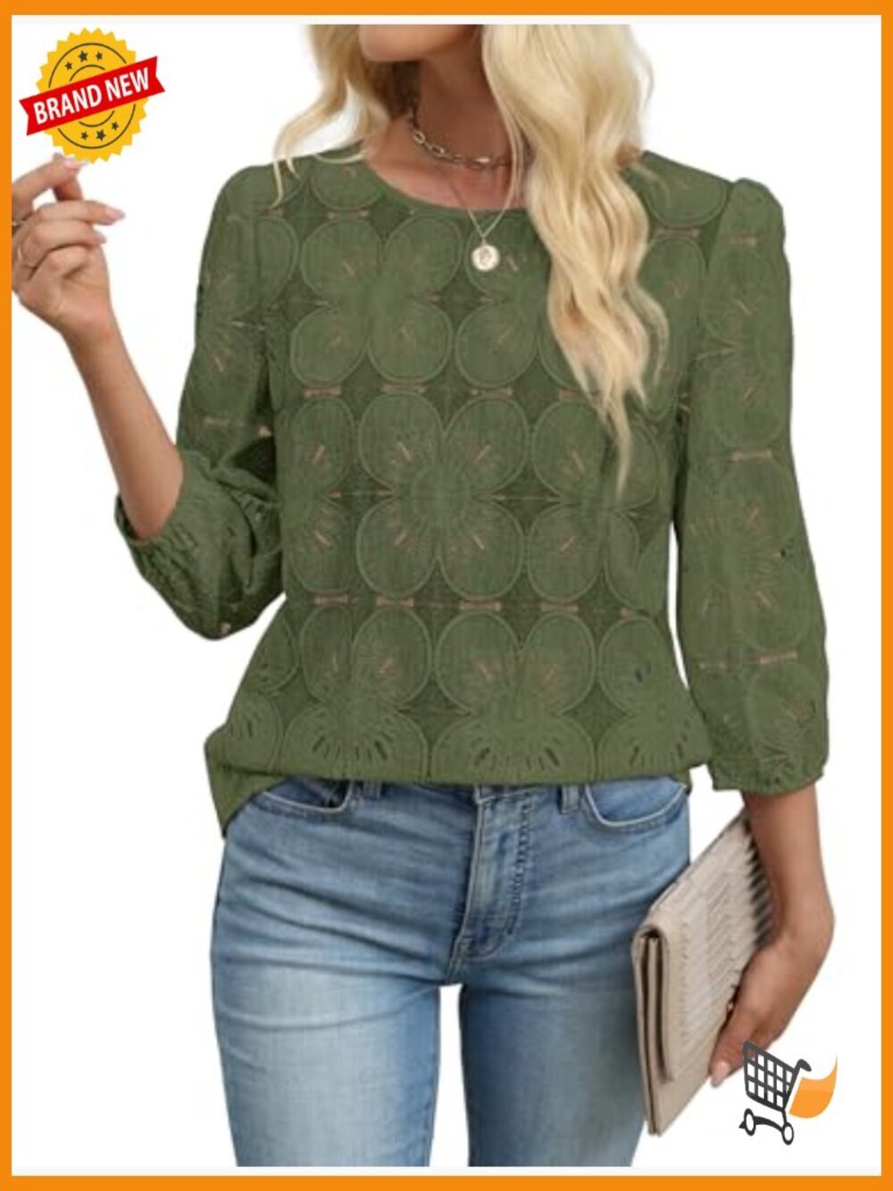 Lace Eyelet Blouse 3/4 Sleeve Peasant Top Lightweight Nylon Blend - Picture 4 of 7
